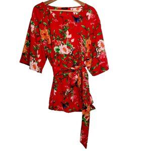 Avon Blouse Shirt Women XL Red Butterfly Floral Belted Lilly Floral Tunic Top